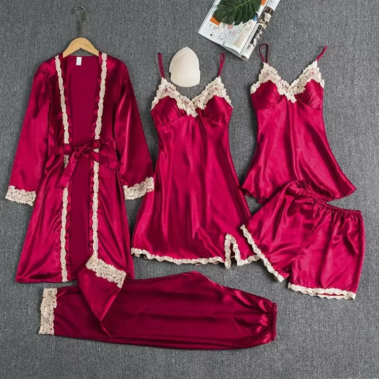 Five-Piece-Set-of-Non-Stretch-Womens-Pajamas-Sexy-Lace-Camisole-Skirt-Shorts-Pants-Comfortable-Nightgown-Set