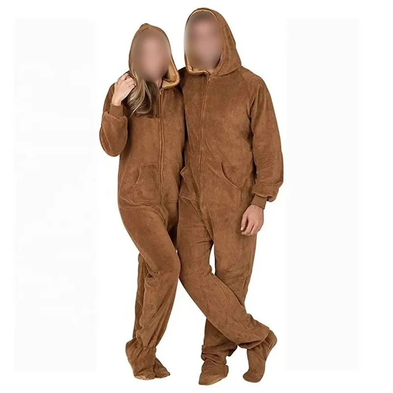 Flannel Long Sleeve Hooded Onesie Pajama for Women Adult with Zipper Fly Winter