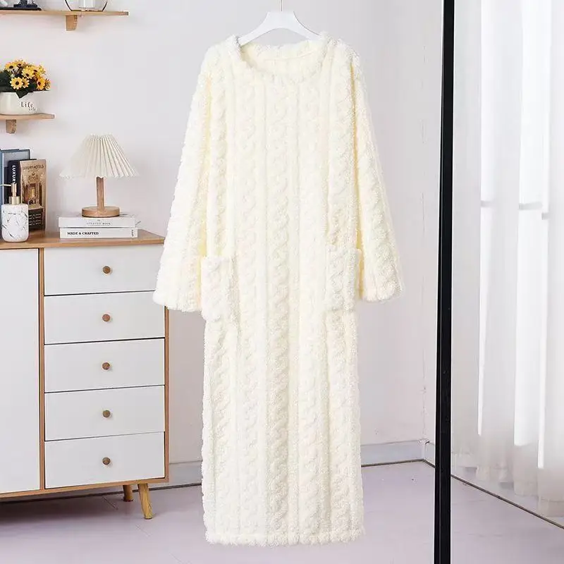 Flannel Pajamas Women Plus Size Warm Thickened Jacquard Nightdress Soft Casual Sleepwear OEM