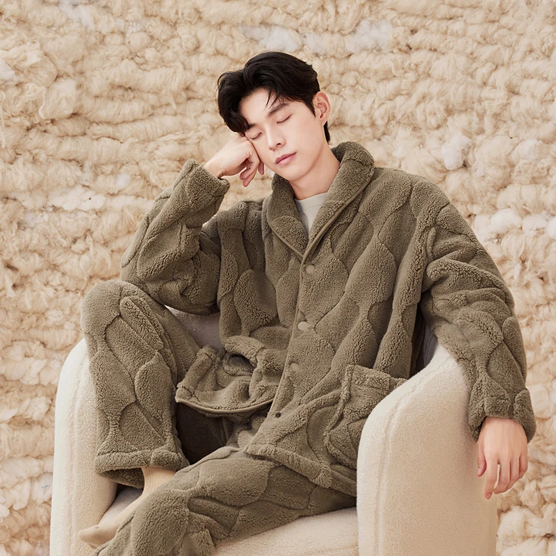 Fleece Padded Thickened Warm Long Sleeve Men's Pajamas Autumn Winter High Quality Not Bulky Does Not Lose Hair