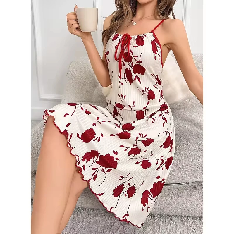 Floral Long Chemise Dress Women Sleeveless Nightdress Front Knot Bow Casual Sleepwear