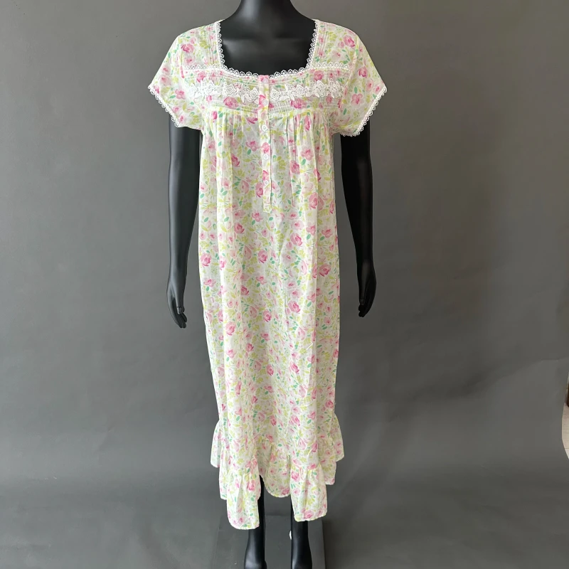 Floral Nightdress with Lace Yoke and Ruffled Hem
