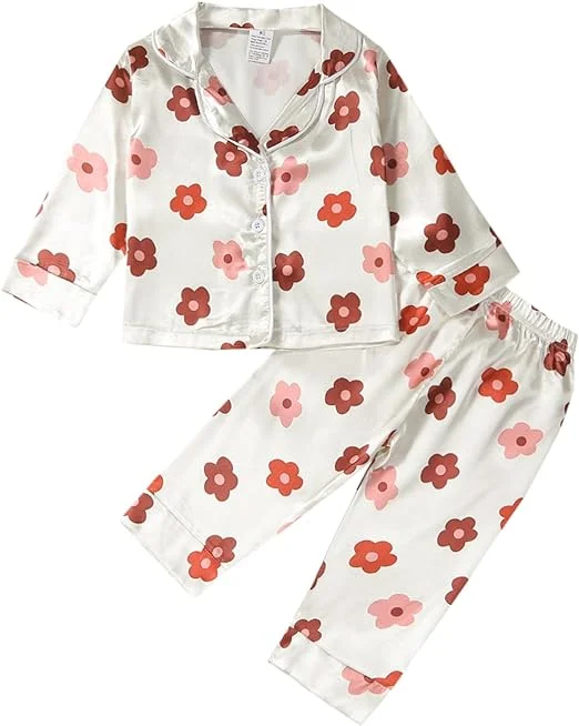 Floral Polyester Cotton Toddler Girl Floral Silk Pajamas Short Sleeve Button Up Top Shorts Summer 2PC Flowers Satin Pajamas Set