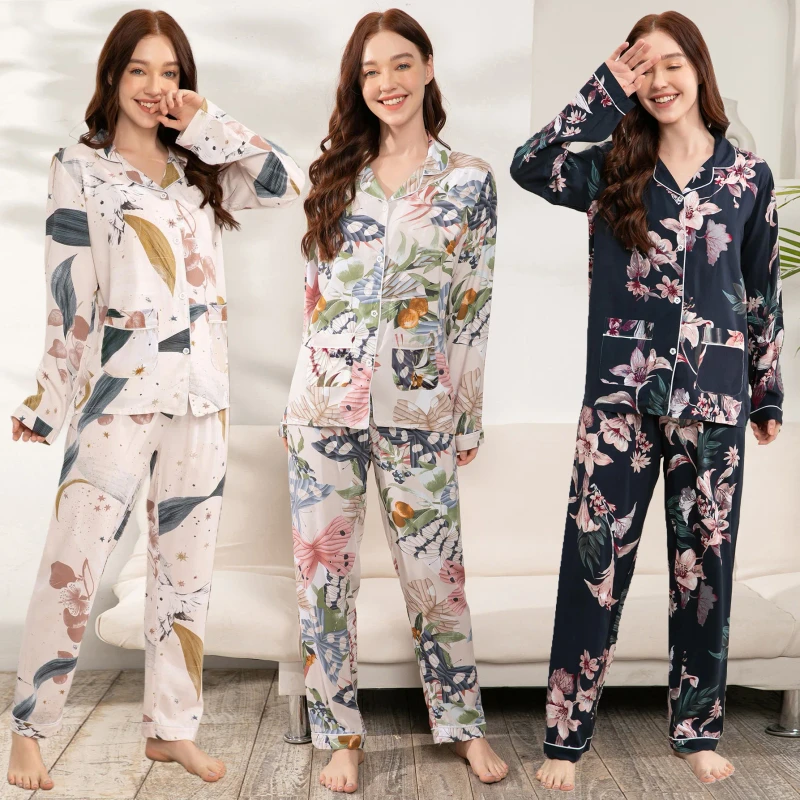 Floral Printed Nightgowns with Elastic Waist Soft Breathable Women's Plus Size Long Sleeve Cotton Silk Pajamas