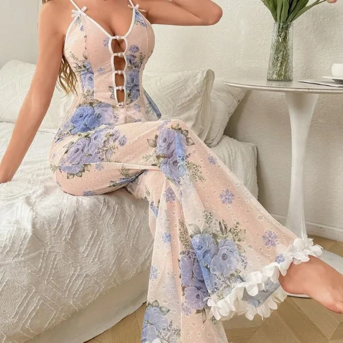 Flower Sexy Mesh Sleepwear Set Sheer Nightdress Camisole Robe Lingerie Elegant Pajamas and Intimate Apparel for Women