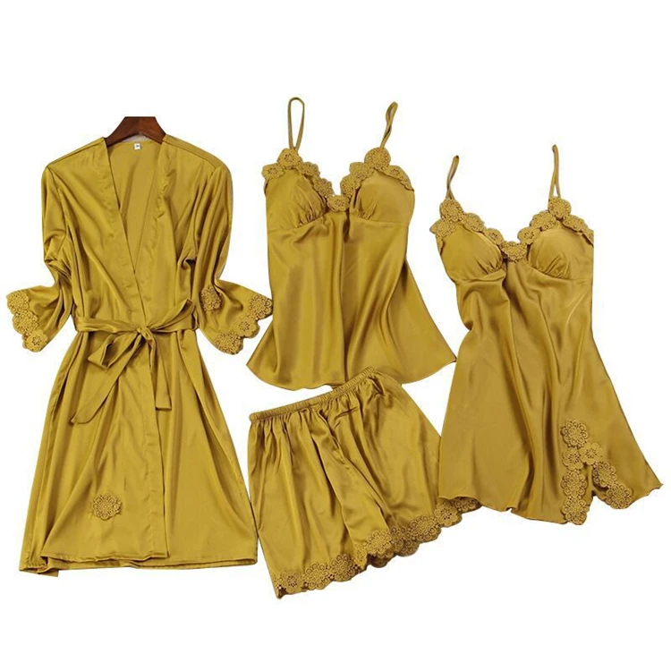 Four Pieces Sets Lace Satin Loungwear Flower Summer Bridal Robe Silk Nighties Women Nighty Dress Night Gown