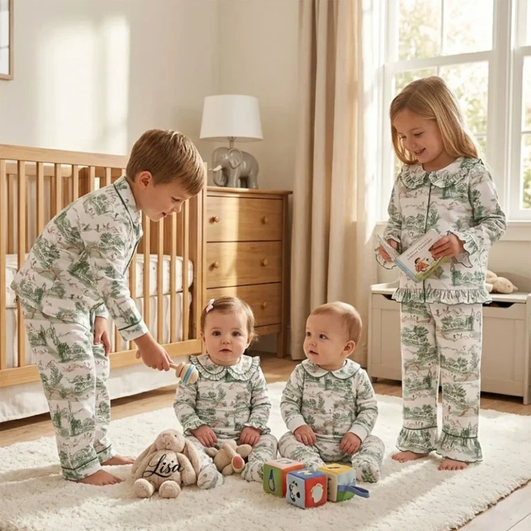 French-Country-Style-Childrens-Pajamas-Green-Toile-Print-Cotton-Sleepwear-Family-Matching-Sibling-Long-Sleeve-Pajamas-Set