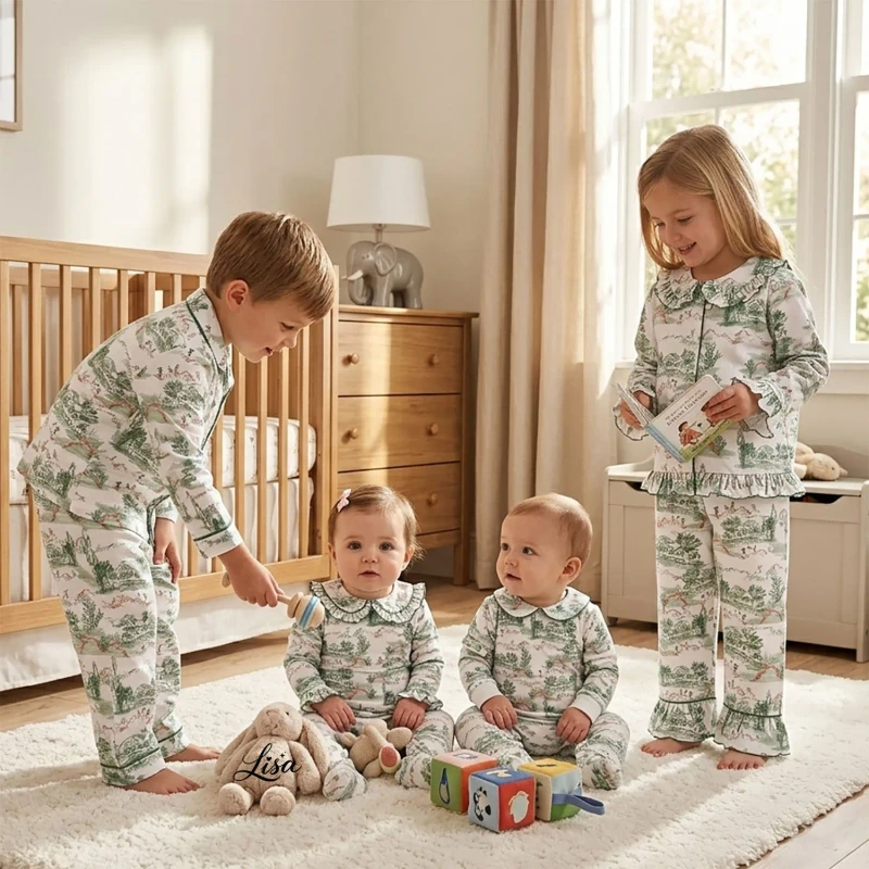 French Country Style Children's Pajamas Green Toile Print Cotton Sleepwear Family Matching Sibling Long Sleeve Pajamas Set