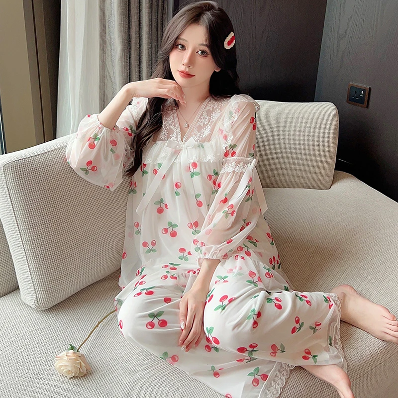 French Court Style Pajamas Sweet Solid Printing Nightdress Lace Trim V Neck Mesh Home Clothes Sets Women's Sleepwear