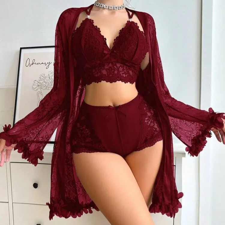 French Style Sexy Home Satin Three Piece Set Women's Personalized Nightdress with Lace See Through Strap Underwear Suit
