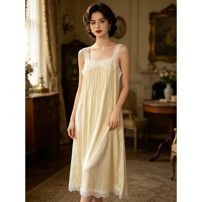 French-style Vintage Lace Casual Soft Camisole Nightdress Women Summer Autumn Pure Cotton Mid-length Loose Slimming Breathable