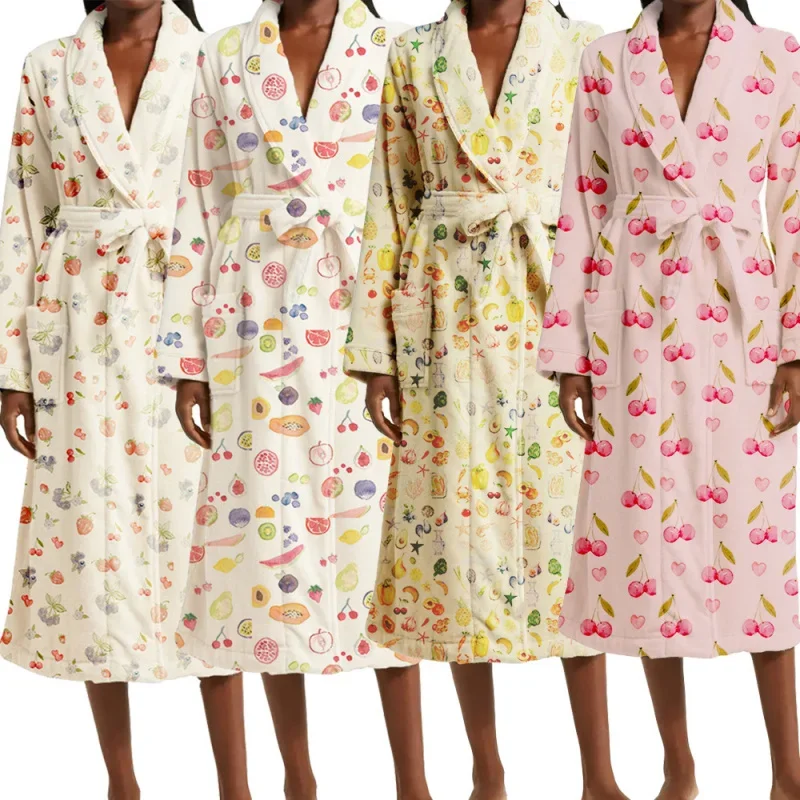 Fruit Print Nightgown Autumn Winter Woman Thickened Long Lace Up Robe Bathrobe Long Sleeve Loungewear