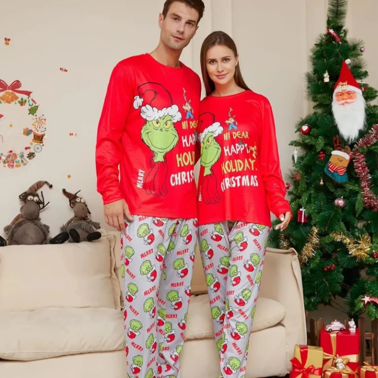 Fun-Holiday-Grinch-Christmas-Pajamas-Set-Knitted-Sleepwear-for-Kids-Adults-Elastic-Waist-Closure-Front-Logo-for-Family-Matching
