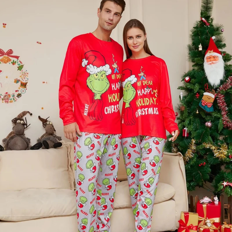 Fun Holiday Grinch Christmas Pajamas Set Knitted Sleepwear for Kids Adults Elastic Waist Closure Front Logo for Family Matching