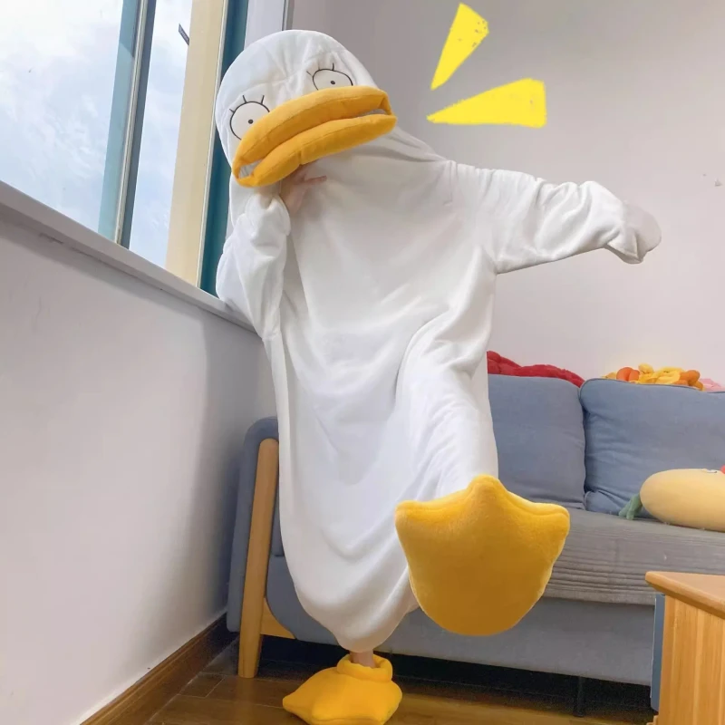 Funny Duck Onesie for Couples Plush Pajama Jumpsuit Winter Coral Fleece Sleepwear Adult Costume Loungewear