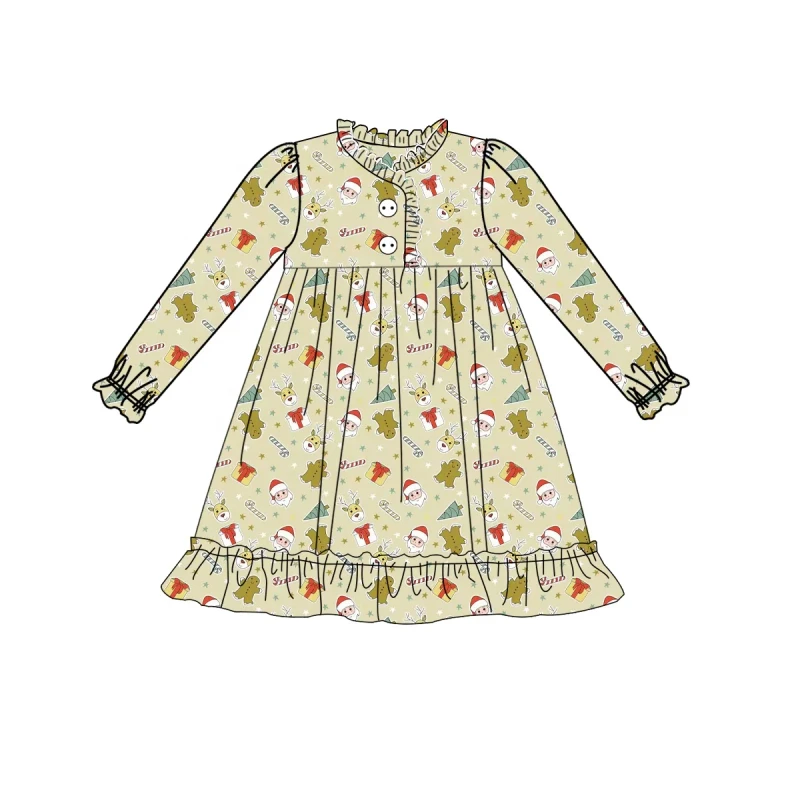 Girls Christmas Santa Print Nightgown Toddler Girl Long Sleeve Dress Bamboo Sleepwear Ruffle Gown Family Matching Pajamas Dress