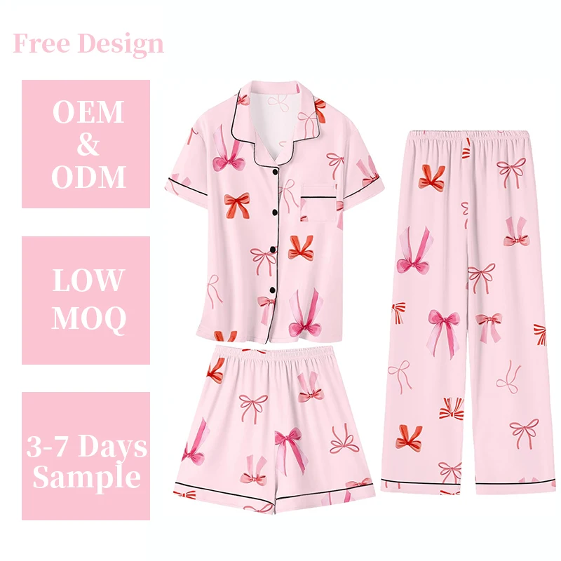 Girls Pajamas Set 3 Piece Soft Short Sleeve Button-Down Girls' Pajamas Home Wear 5-14 Years