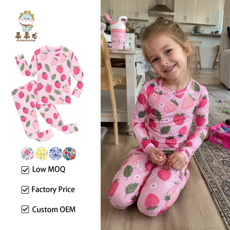 Girls-Pajamas-Strawberry-Pajama-Set-Tight-Fit-Long-Sleeve-Pink-Sleepwear-Bamboo-Kids-Homewear