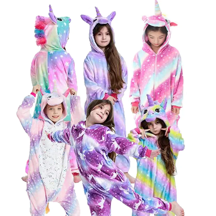 Girls Purple Flannel Jumpsuit Pajamas Summer Onesie Kigurumi Sleepwear with Glow in Dark Animal Design Kids Ropa De Nia