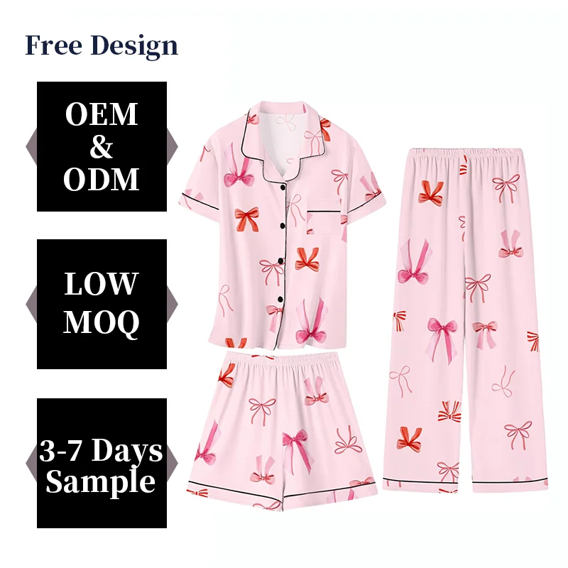 Girls Summer Sleepwear Girls Short Sleeve Button-Down 3 Pieces Pajamas Set Comfortable Casual Pajama Party Clothes