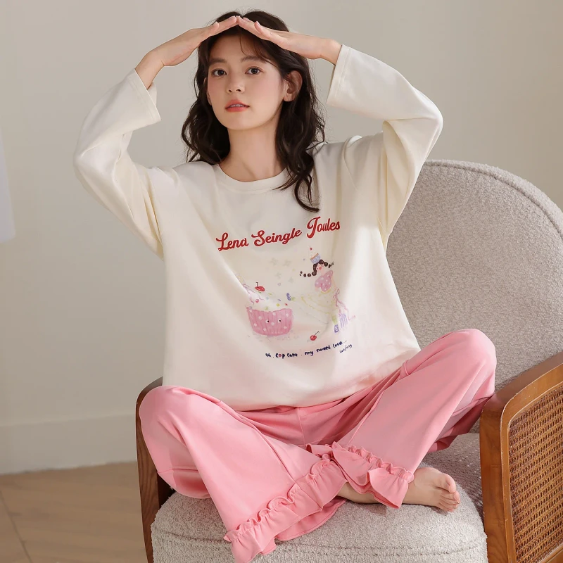 Girls' Sweet Pajamas Comfortable Cotton Breathable Japanese Style Women's Long Sleeve Long Pants Nightwear Four Elastic Waist