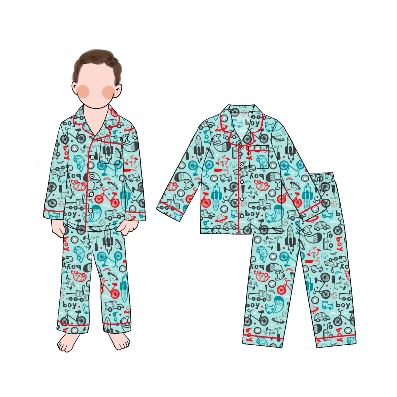 Good Quality Autumn Winter Boys Button up Pajamas Sets Round Neck Cute and Comfortable Sleepwear