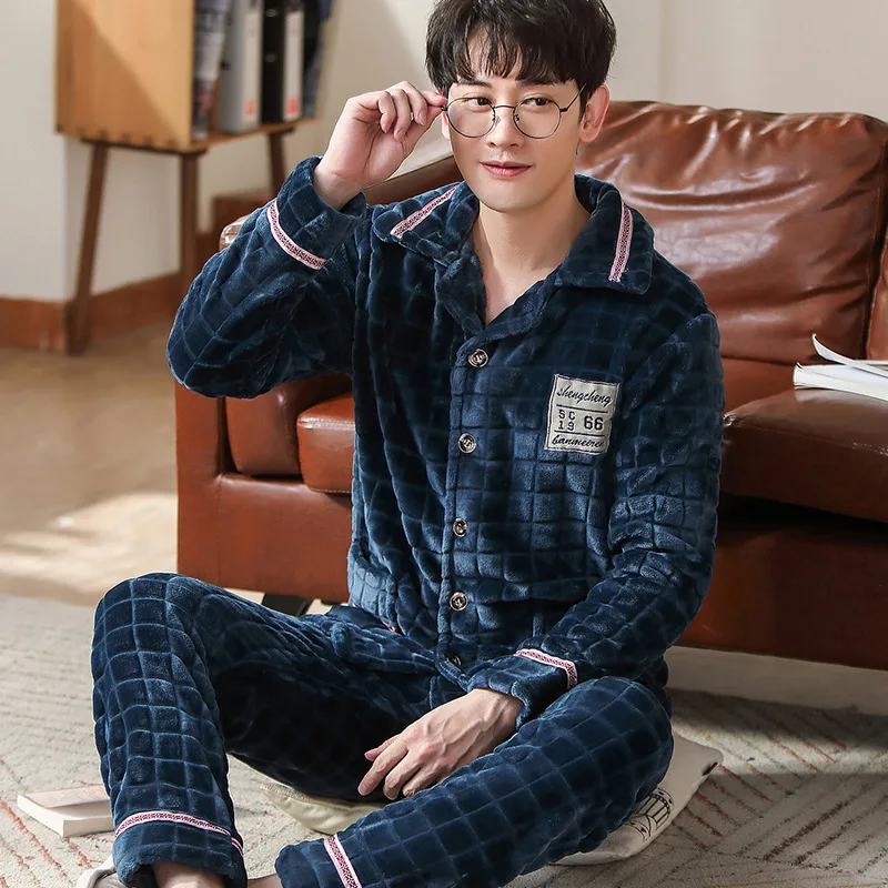 Good Quality Men's Flannel Pajamas Set Winter Long Sleeve Sleepwear With Button 2 Pieces Skin-friendly Warm Nighties Set
