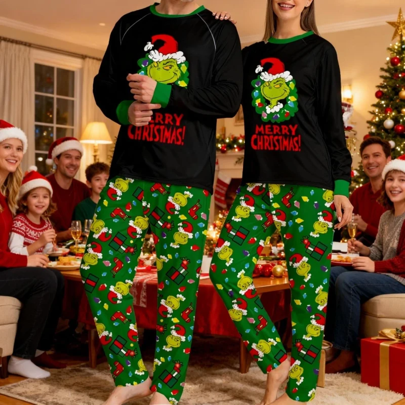 Green Home Vintage Casual Long Sleeve Family Matching Christmas Pajamas Elastic Waist Closure Front Summer Winter Autumn Spring