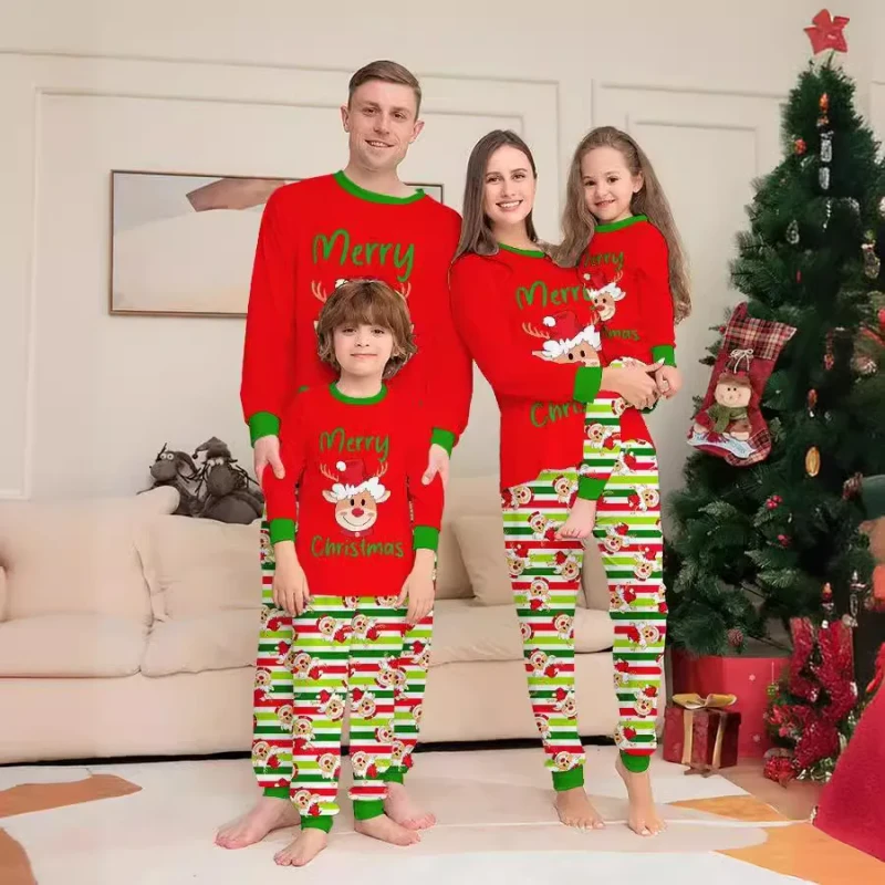 Green Striped Loungewear Pants Print Pattern Pajama Sets for Baby Boys Girls Plush Home Wear Christmas Pajamas Winter