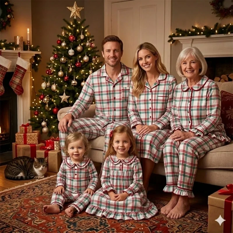 Green and Red Plaid Family Matching Christmas Pajamas Kids Two Piece Set Sleepwear Baby Toddler Boys Girls Onesie Pyjamas