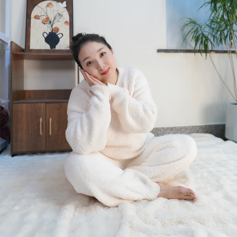 Half-pile Fleece Pajamas Long Sleeve Autumn Winter Warm Cozy Homewear Set Ultra-Soft Pajamas for Women