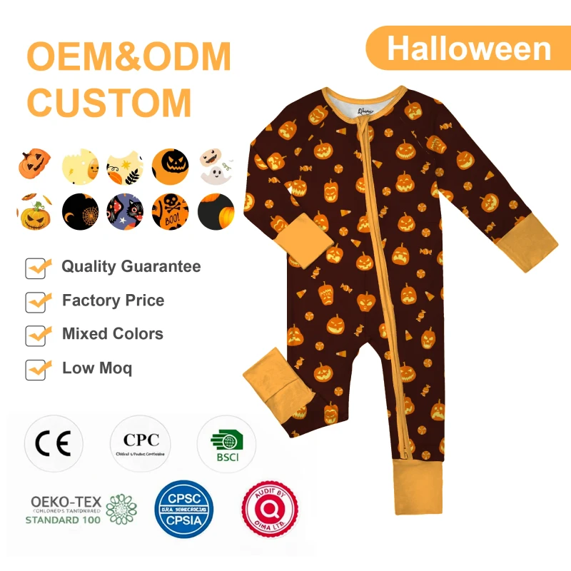 Halloween Bamboo Pajamas Free Shipping Organic Custom RTS Mystery Box Baby Kids Pajamas Cartoon Print Set