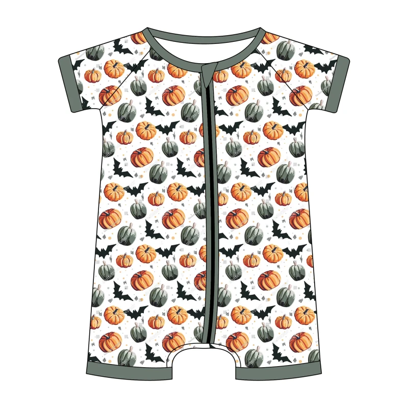Halloween Pumpkin & Bat Print Casual Breathable Baby Short Sleeve Romper Zip-Up Infant Playsuit