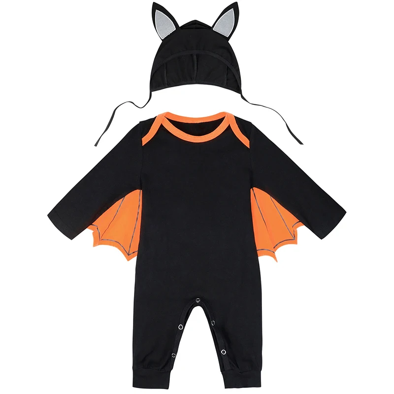 Halloween Toddler Bat Pajamas Kids Long Sleeve Onesie with Snap Button Closure and Hat