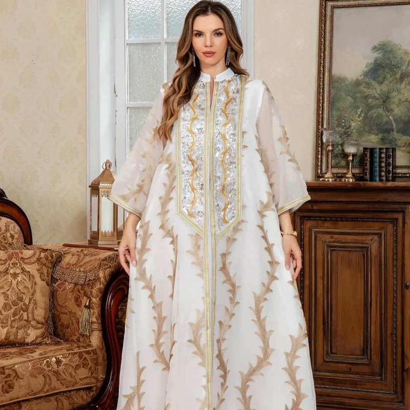 Handmade Embroidered Net Fabric Party Dress for Muslim Women Elegant Long Robe Plus Size Breathable Polyester for Spring