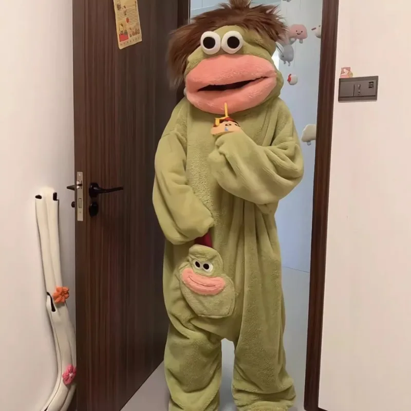 Hangyodon One Piece Coral Fleece Pajamas Thick Warm Winter Cartoon Funny Fish Mouth Sleepwear For Women Men Couple Loungewear