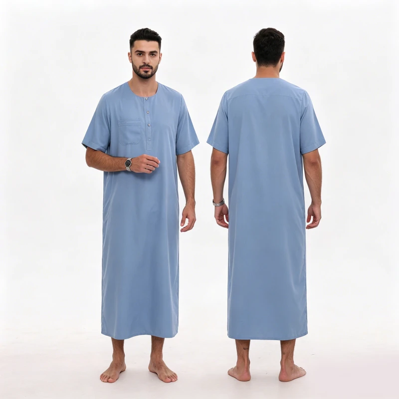 Henley Placket Men's Arabic Robe Saudi Thobe Simple Casual Design Short Sleeve Muslim Thawb for Prayer Daily Wear