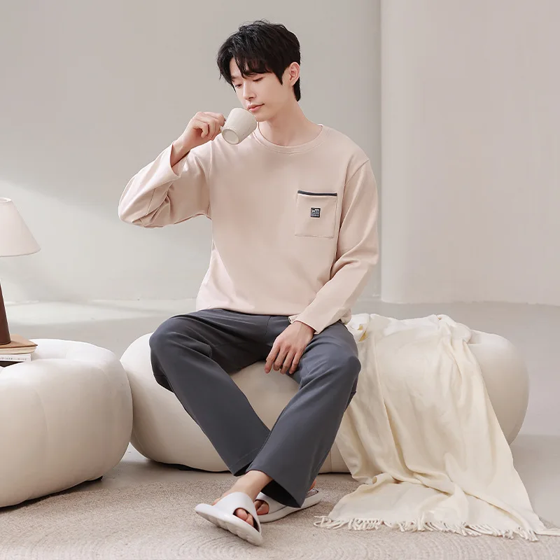 High Quality Autumn Cotton Round Neck Pajamas Comfortable Casual Thin Section Long Sleeve Long Pants Men's Home Wear