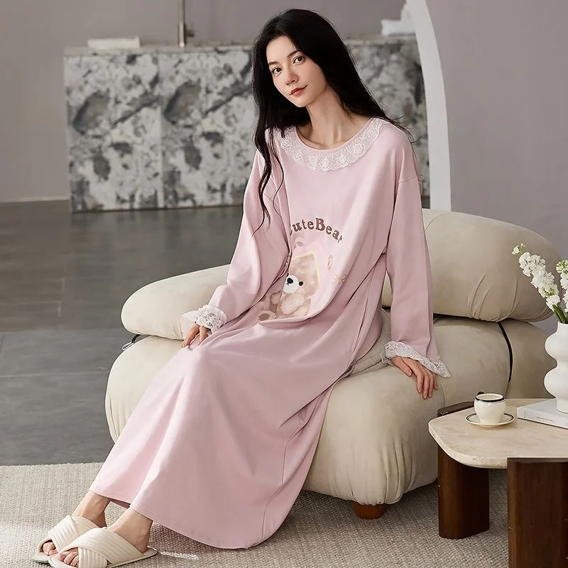 High Quality Breathable Fashion Women's 95% Cotton Pajamas Casual Loose Cute Cartoon Printed Nightdress