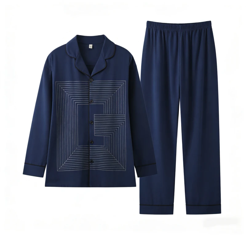 High Quality Cotton Polyester Men's Top+Pants 2PCS Sleepwear Autumn and Spring Soft Pajamas Sets Loose Full Breathable Pajamas