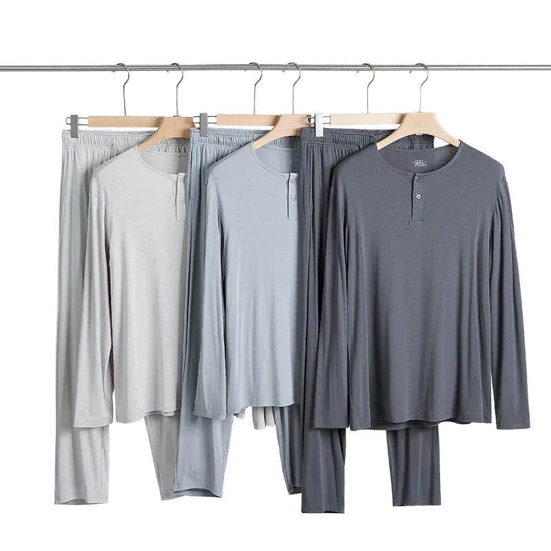 High Quality Custom Modal Sleepwear for Men Solid Long Sleeve Cotton Pyjamas with Soft Long Pant Casual Style