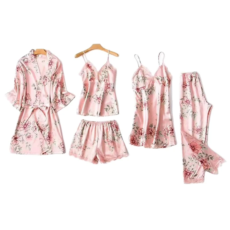 High Quality Custom Pyjamas Set Ladies Satin Silk Sleepwear Pajamas Set for Women Robe Fille