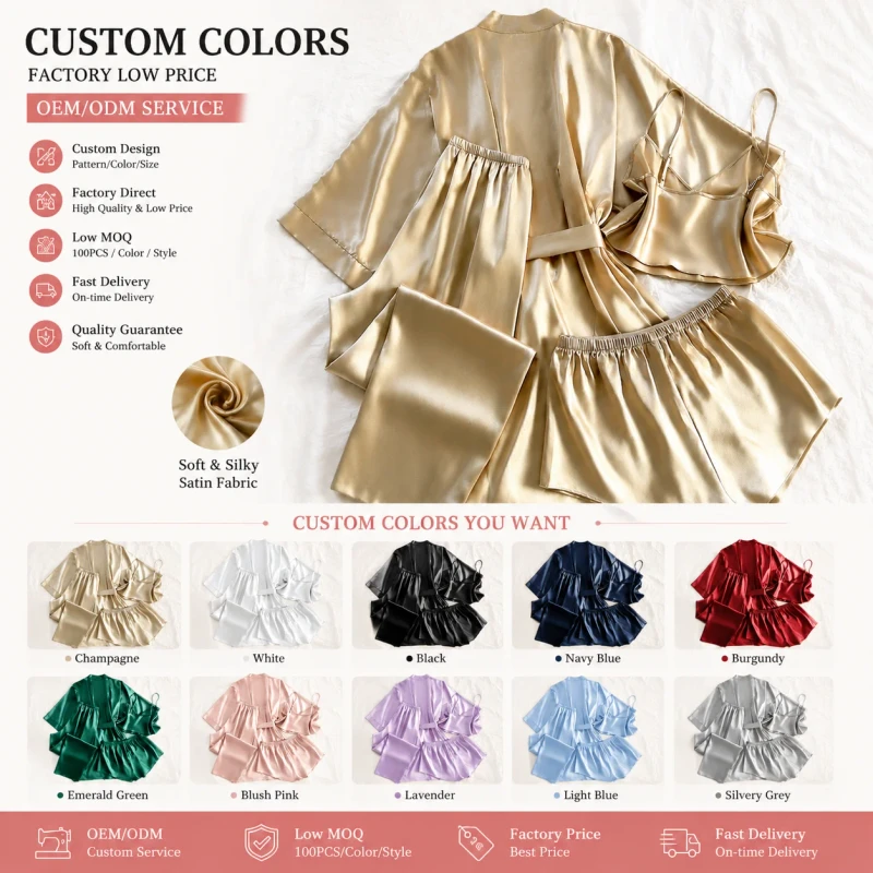 High Quality Custom Solid Summer Elegant Smooth Women's Satin Silk Like Pyjamas Set 4 Piece Sleepwear Robe