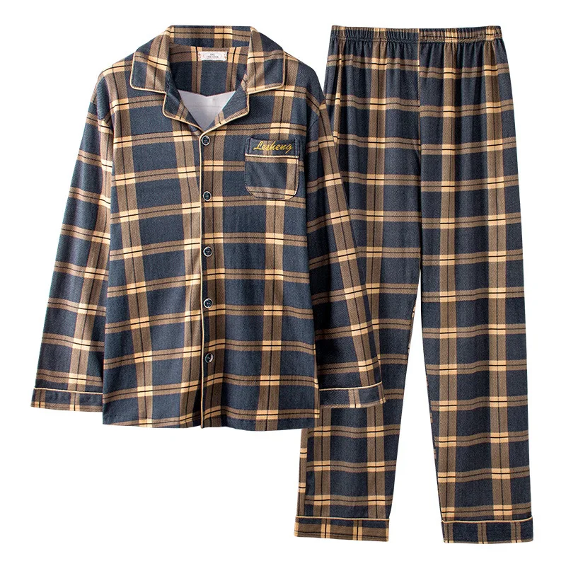 High Quality Factory Pajamas Men's Cardigan Long Sleeve Trousers Two Sets Casual Simple Home Wear Sleepwear