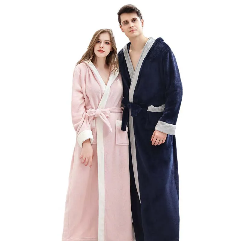 High Quality Fashion Thick Long Bathrobe Hooded 280gsm Flannel Fleece Men Women Sleepwear