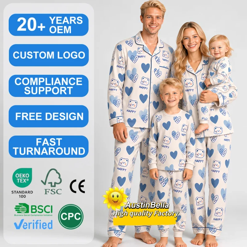 High Quality Manufacturer Custom Luxury Family Matching Pajamas Set Print Mommy and Baby Kids Toddlers Adult Bamboo Sleep Wear