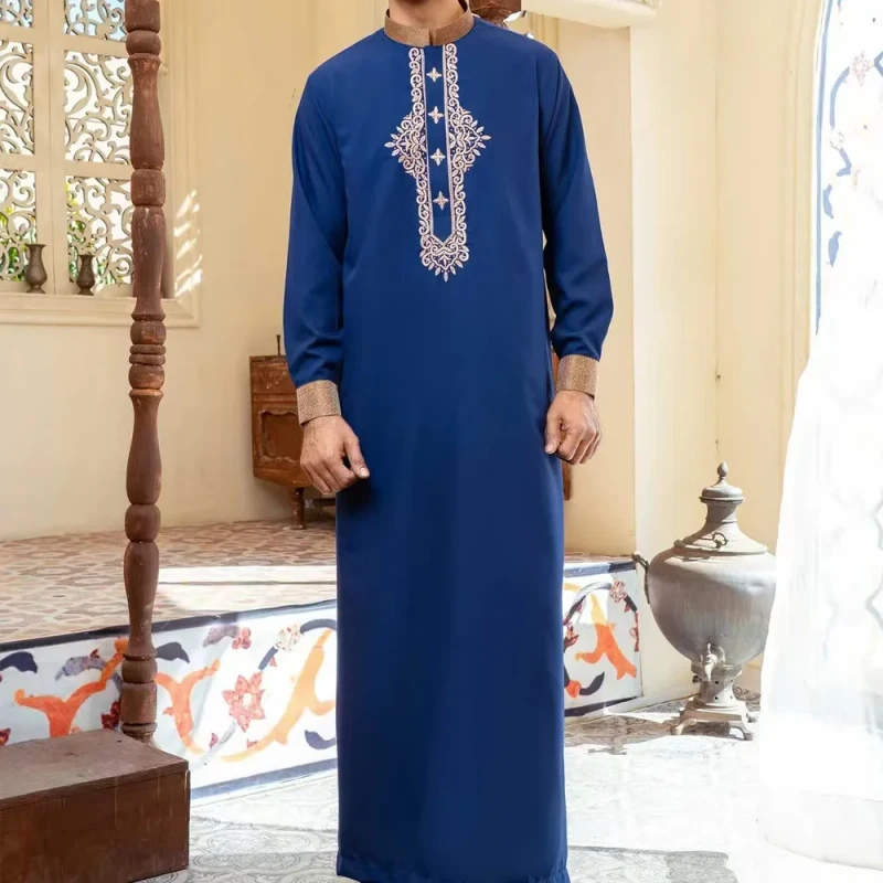 High Quality Men's Islamic Arabic Kaftan Embroidered Robe Abaya Turkey Style Stand Collar Thobe Plus Size Anti static