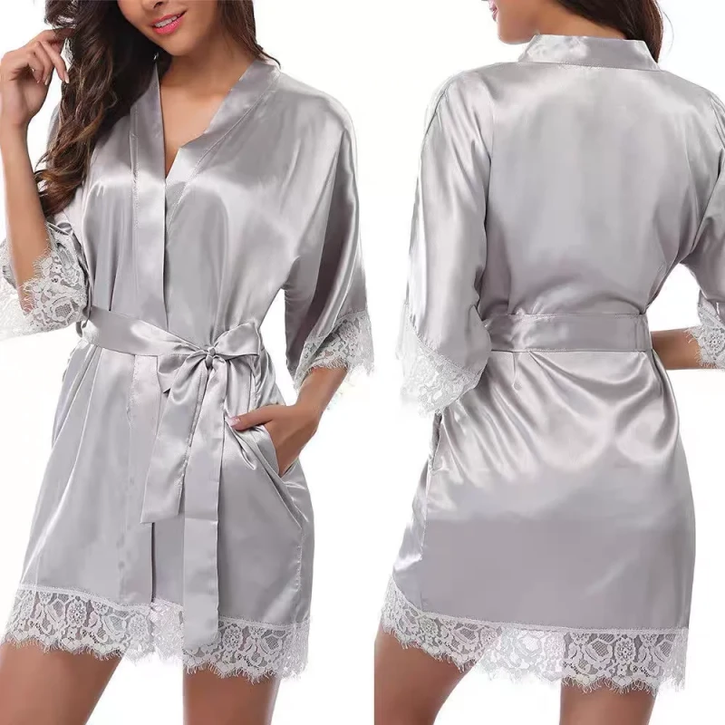 High Quality Polyester Satin Bridal Plus Size One Piece V Neck Summer Robe for Women