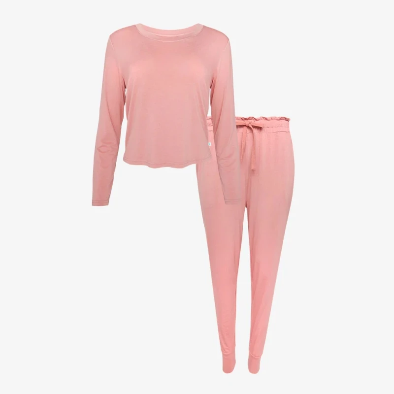 High Quality Slim Women Sleeper Set O Neck Solid 95% Bamboo Spandex Long Sleeve Elastic Ruffle Waist Jogger Pants Loungewear