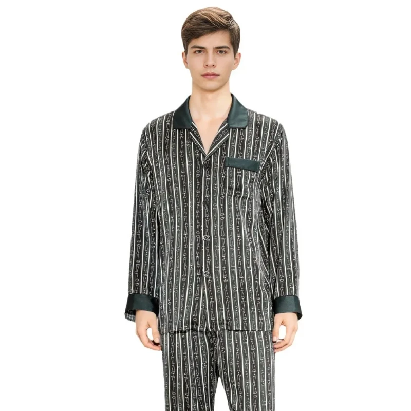High Quality Stripe Print 100% Silk Long Sleeve Winter Pants Set 100% Silk Satin Sleepwear Mens Chinese Silk Pajamas